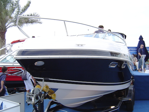 A power boat ready uploaded on a trailer.